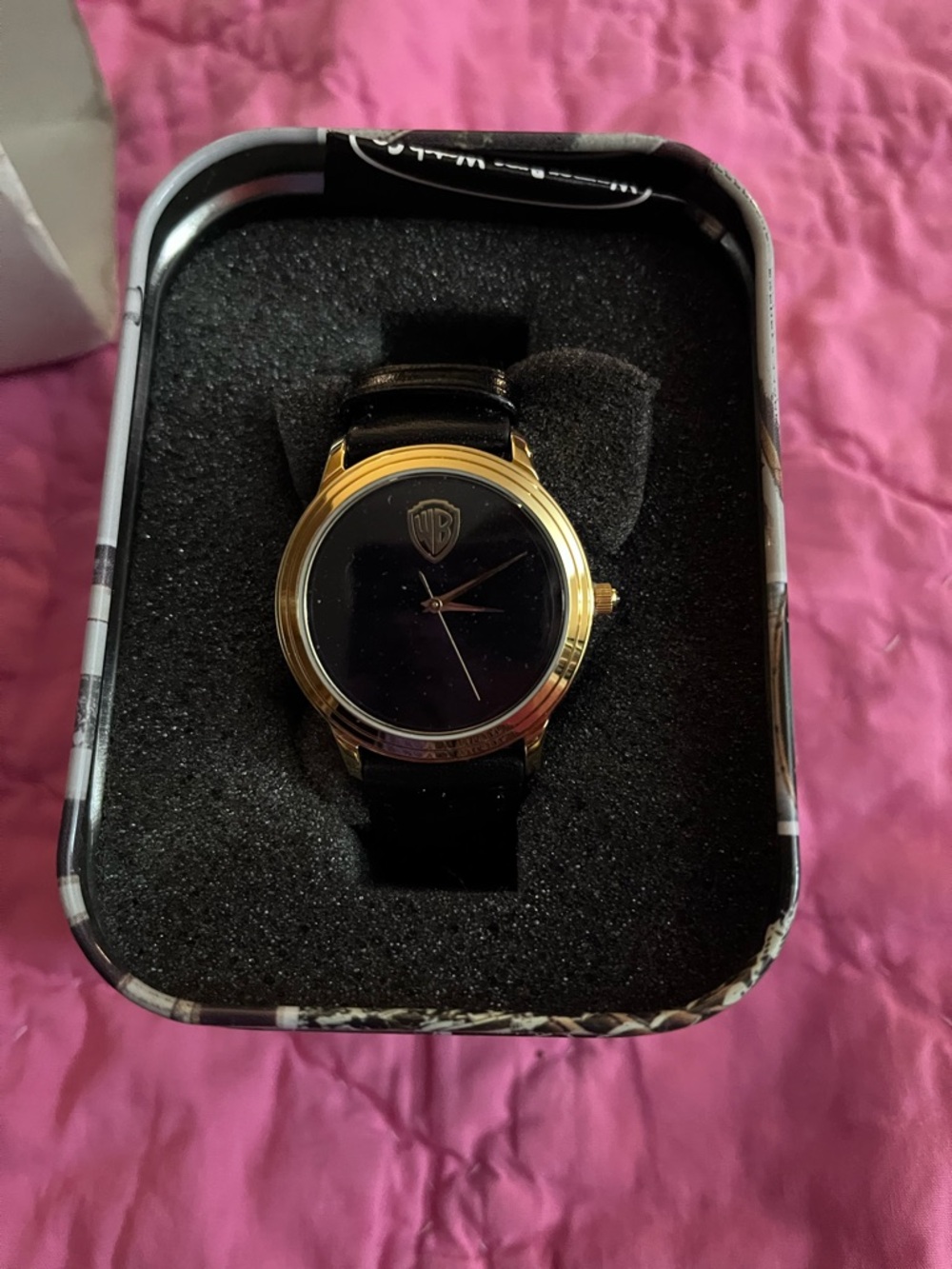 Warner Brothers Fossil Black Dial Watch with Gold-Tone Bezel